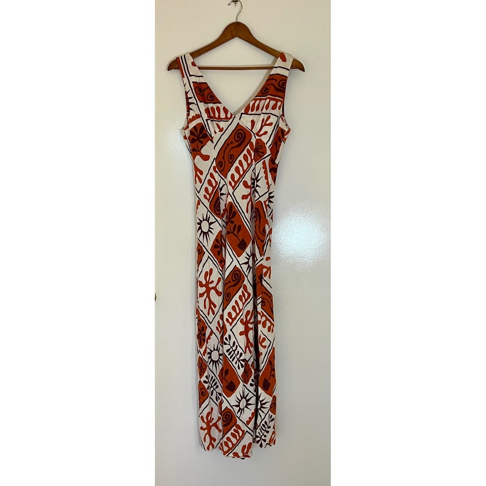 Paper Heart M Linen Blend Maxi Dress Orange Abstract Boho V Neck Sleeveless
